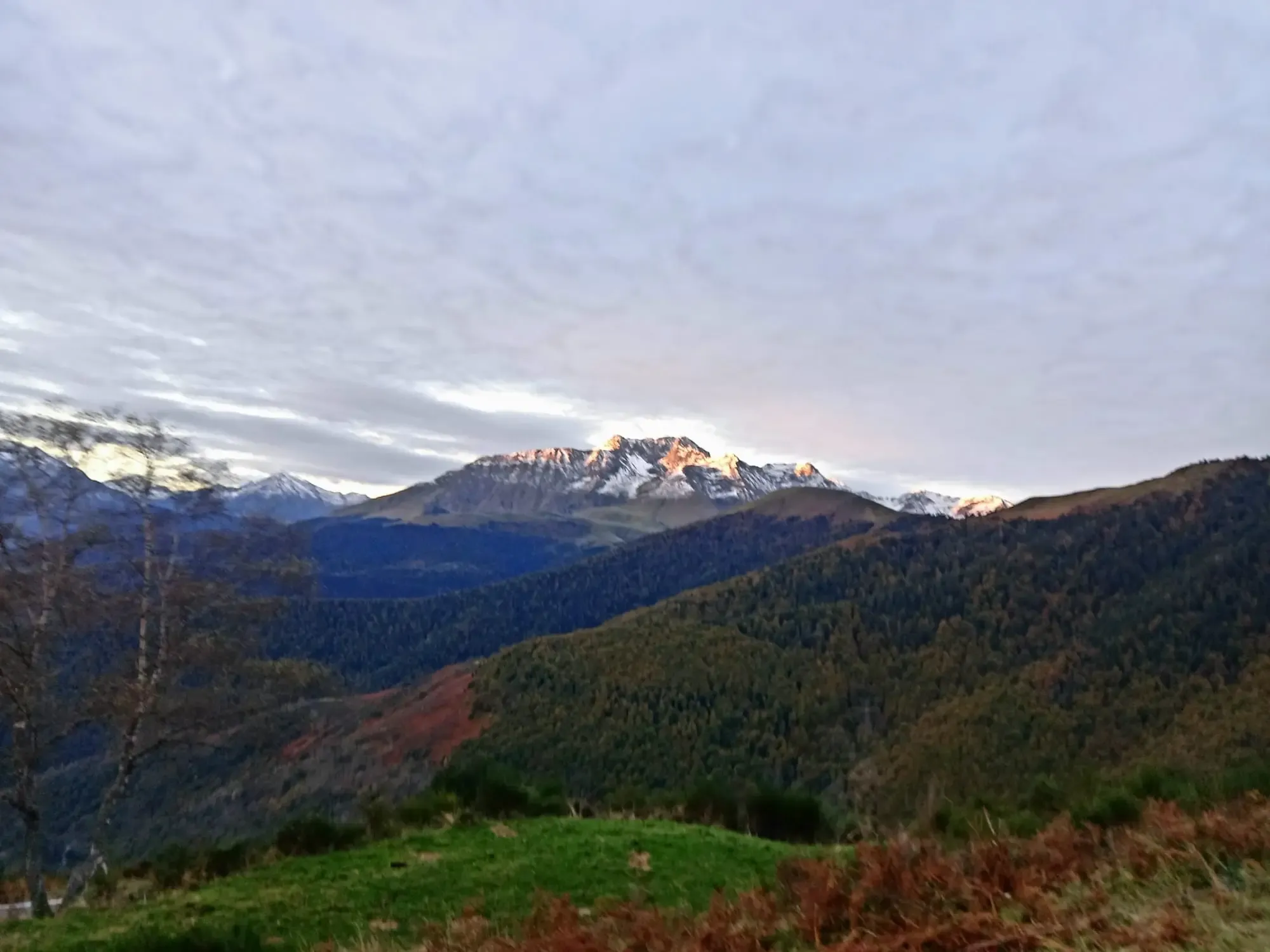 Panorama montagneux sur le pic d'Arbizon enneigé et illuminé par les premiers rayons du soleil au lever du jour, vu depuis la descente ou l'ascension du Col d'Aspin. Au premier plan, les forêts denses des Hautes-Pyrénées se parent de couleurs d'automne sous un ciel nuageux matinal.